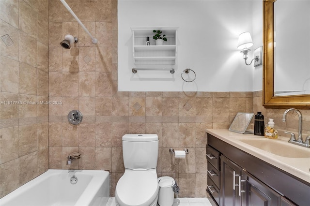 10223 SW 17th St, Miami, FL 33165 - bathroom with vanity, toilet, shower / bathtub combination, and tile walls