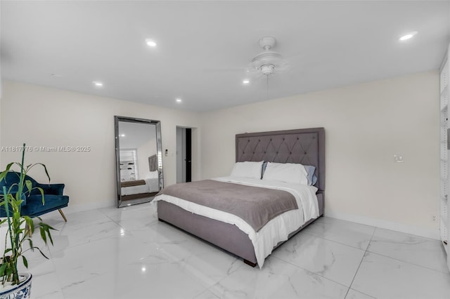 10223 SW 17th St, Miami, FL 33165 - bedroom with baseboards, light marble finish flooring, recessed lighting, and a ceiling fan