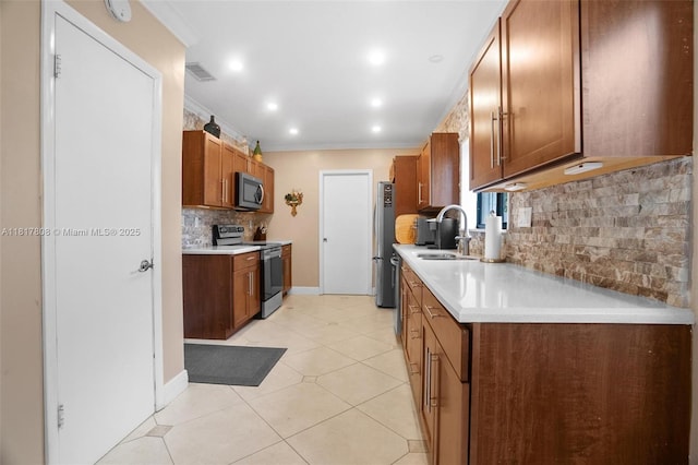 13317 NW 8th Ct, Sunrise, FL 33325 - kitchen featuring appliances with stainless steel finishes, a sink, backsplash, light countertops, and crown molding