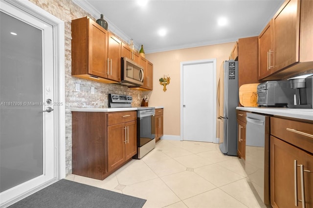 13317 NW 8th Ct, Sunrise, FL 33325 - kitchen featuring appliances with stainless steel finishes, light countertops, ornamental molding, tasteful backsplash, and brown cabinets