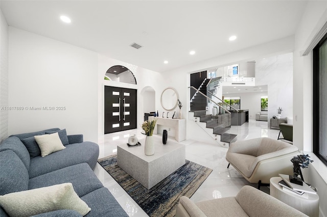 3461 SW 145th Ave, Miramar, FL 33027 - living room featuring stairway, recessed lighting, and marble tiled flooring