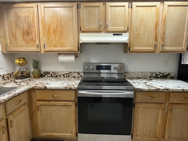 10803 Cypress Glen Dr Unit 10803, Coral Springs, FL 33071 - kitchen with stainless steel electric range, under cabinet range hood, light stone countertops, and light brown cabinetry