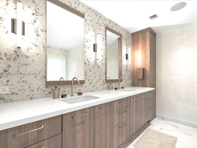 2371 Bayview Ln, North Miami, FL 33181 - full bathroom featuring double vanity, baseboards, and marble finish floors