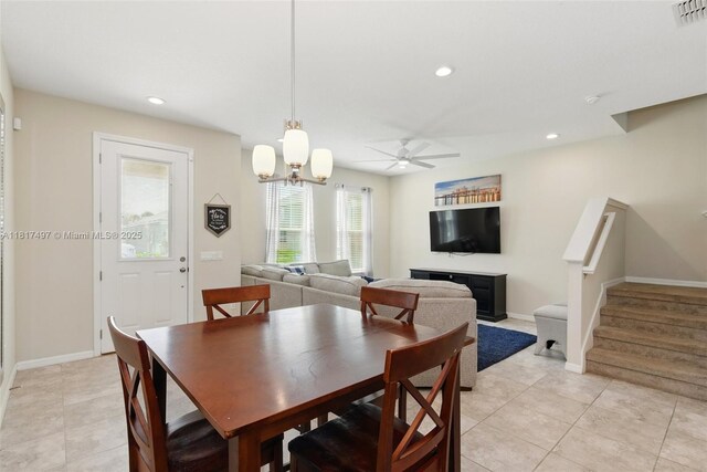 2200 Garden Belle Dr, Clermont, FL 34711 - dining room featuring stairway, a chandelier, light tile patterned flooring, ceiling fan, and recessed lighting