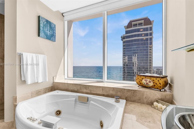 18101 Collins Ave Unit 5401, Sunny Isles Beach, FL 33160 - bathroom with a water view, a whirlpool tub, and floor to ceiling windows