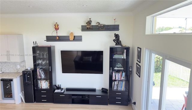 4221 Laurel Ridge Cir, Weston, FL 33331 - living room with wine cooler, a dry bar, plenty of natural light, crown molding, and light wood-type flooring
