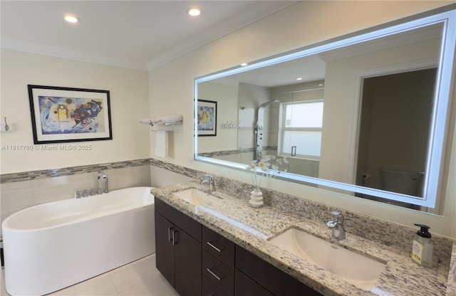 4221 Laurel Ridge Cir, Weston, FL 33331 - full bath with tile walls, a freestanding bath, crown molding, double vanity, and a shower stall
