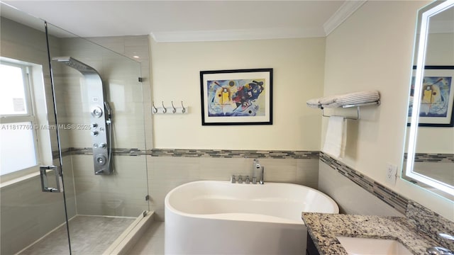 4221 Laurel Ridge Cir, Weston, FL 33331 - full bath with tile walls, a freestanding tub, vanity, a shower stall, and crown molding