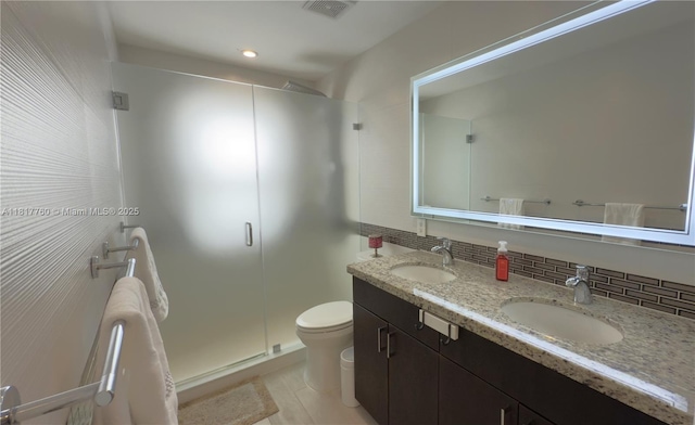 4221 Laurel Ridge Cir, Weston, FL 33331 - bathroom featuring a shower stall, double vanity, backsplash, and tile patterned flooring