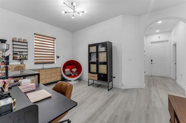685 SE 34th Ter, Homestead, FL 33033 - home office featuring arched walkways, light wood-style flooring, baseboards, a chandelier, and recessed lighting