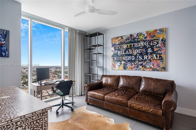 1040 Biscayne Blvd Unit 3607, Miami, FL 33132 - office with a wall of windows, plenty of natural light, tile patterned flooring, ceiling fan, and baseboards