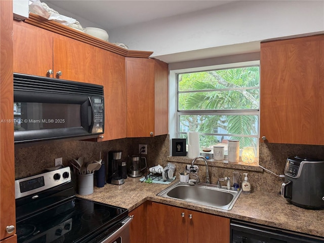 7840 SW 55th Ave Unit 23C, Miami, FL 33143 - kitchen featuring black microwave, stainless steel electric range, backsplash, dishwashing machine, and brown cabinetry