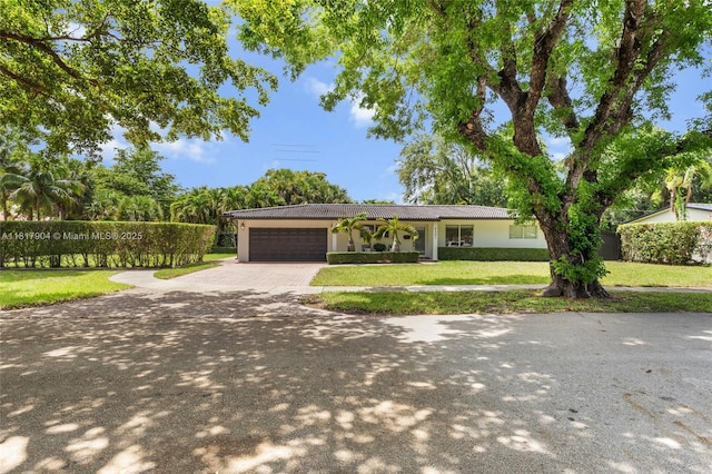6301 Lake Geneva Rd, Miami Lakes, FL 33014 - ranch-style house featuring driveway, a front lawn, a garage, and stucco siding