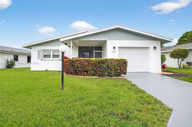 3810 Rowena Cir, West Palm Beach, FL 33417 - ranch-style home featuring an attached garage, concrete driveway, a front lawn, and central AC unit