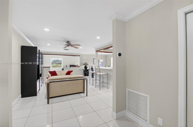 3810 Rowena Cir, West Palm Beach, FL 33417 - living room with crown molding, a ceiling fan, baseboards, recessed lighting, and light tile patterned flooring