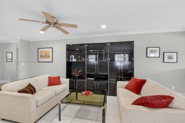 3810 Rowena Cir, West Palm Beach, FL 33417 - living area featuring crown molding, a ceiling fan, tile patterned flooring, and recessed lighting