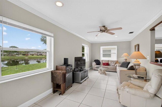3810 Rowena Cir, West Palm Beach, FL 33417 - living room featuring ceiling fan, baseboards, light tile patterned floors, ornamental molding, and recessed lighting