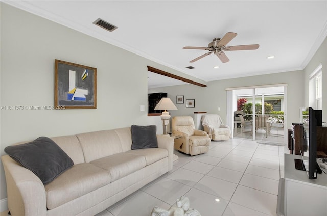 3810 Rowena Cir, West Palm Beach, FL 33417 - living room featuring a ceiling fan, light tile patterned floors, ornamental molding, and recessed lighting
