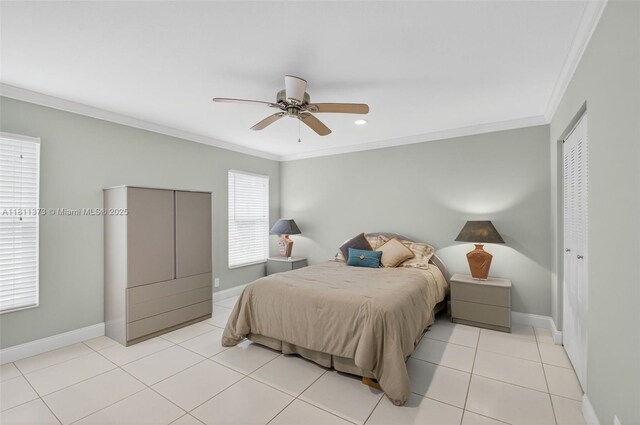 3810 Rowena Cir, West Palm Beach, FL 33417 - bedroom with ornamental molding, baseboards, light tile patterned flooring, and ceiling fan
