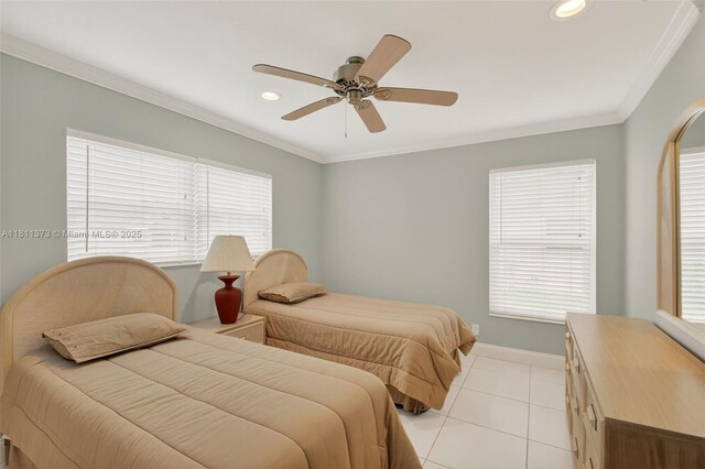 3810 Rowena Cir, West Palm Beach, FL 33417 - bedroom with multiple windows, light tile patterned floors, recessed lighting, ornamental molding, and ceiling fan
