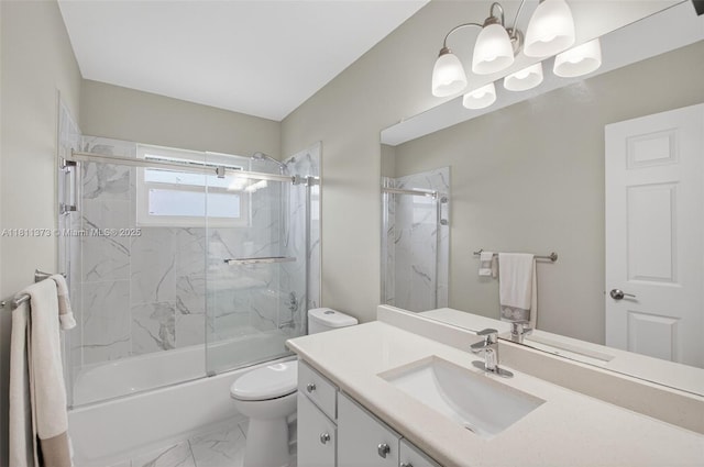 3810 Rowena Cir, West Palm Beach, FL 33417 - bathroom with toilet, vanity, shower / bath combination with glass door, marble finish floors, and a chandelier
