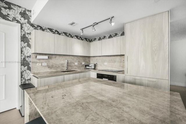 3131 NE 7th Ave Unit 3306, Miami, FL 33137 - kitchen with black appliances, a sink, tasteful backsplash, light stone counters, and modern cabinets