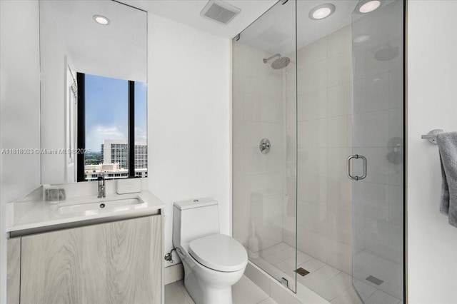 3131 NE 7th Ave Unit 3306, Miami, FL 33137 - bathroom with a stall shower, toilet, vanity, and recessed lighting