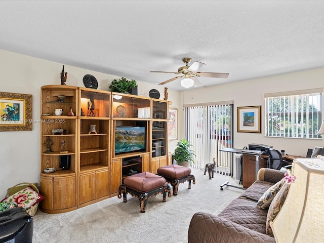 9530 Alcazar Ln, Davie, FL 33324 - living room featuring a ceiling fan, carpet, and a textured ceiling