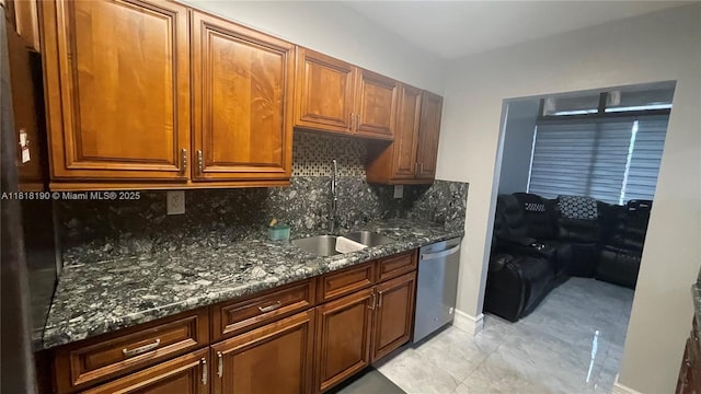 11040 S Lakeview Dr, Pembroke Pines, FL 33026 - kitchen with dishwasher, decorative backsplash, dark stone counters, and brown cabinetry