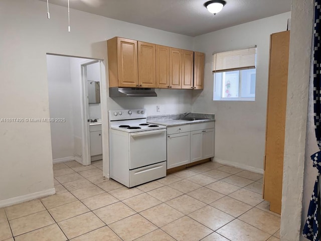 1021 NW 3rd St Unit 206, Miami, FL 33128 - kitchen featuring white electric range, under cabinet range hood, a sink, and light tile patterned floors