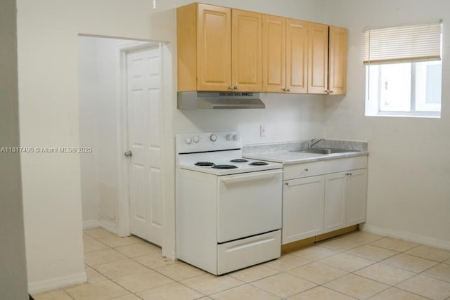 1021 NW 3rd St Unit 206, Miami, FL 33128 - kitchen featuring electric range, under cabinet range hood, a sink, light countertops, and light tile patterned floors