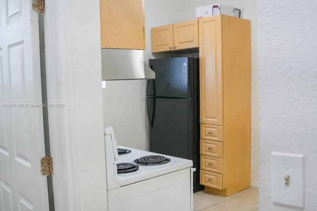1021 NW 3rd St Unit 206, Miami, FL 33128 - kitchen with range hood, electric stove, light brown cabinetry, a textured wall, and light tile patterned flooring