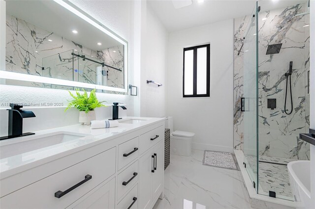 18250 SW 152nd Ave, Miami, FL 33187 - bathroom with a marble finish shower, double vanity, toilet, marble tiled flooring, and recessed lighting