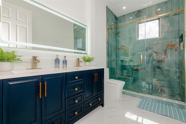 18250 SW 152nd Ave, Miami, FL 33187 - bathroom featuring a marble finish shower, toilet, double vanity, and marble tiled flooring