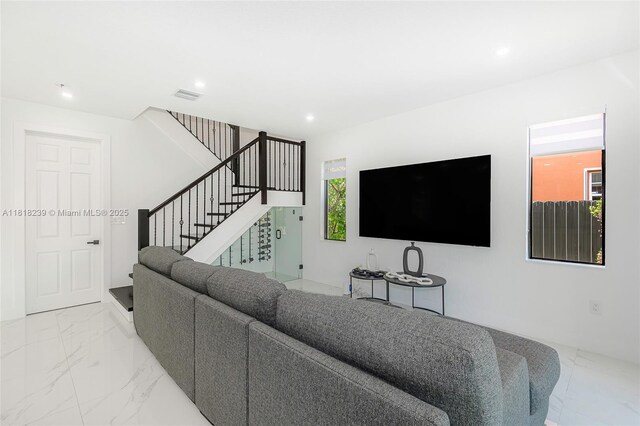 18250 SW 152nd Ave, Miami, FL 33187 - living room with stairs, marble finish floors, and recessed lighting