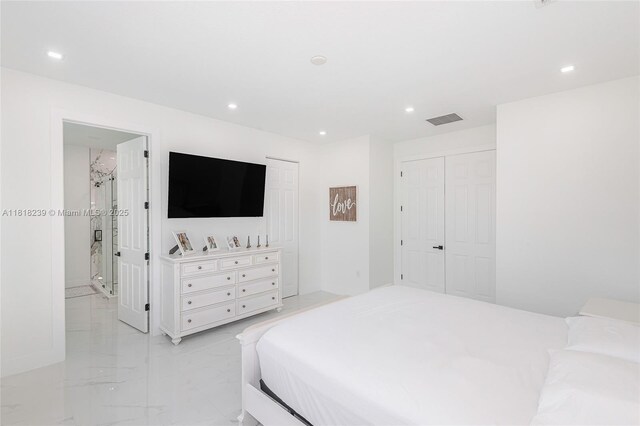 18250 SW 152nd Ave, Miami, FL 33187 - bedroom featuring recessed lighting, light marble finish flooring, a closet, and ensuite bathroom