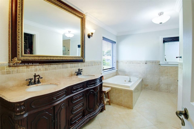 3736 SW 107th Ct, Miami, FL 33165 - bathroom featuring tile patterned floors, a bath, double vanity, and crown molding
