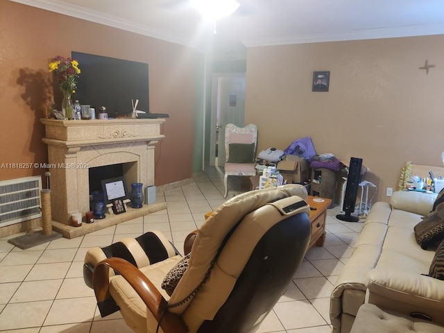 401 SE 4th St, Deerfield Beach, FL 33441 - living area featuring light tile patterned floors, ornamental molding, and a fireplace with raised hearth