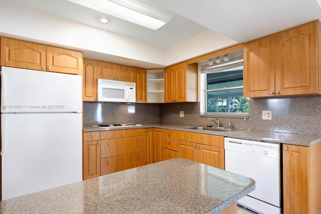 8980 SW 59th St, Miami, FL 33173 - kitchen featuring white appliances, decorative backsplash, and open shelves