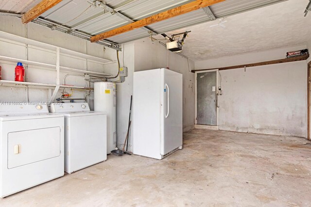 8980 SW 59th St, Miami, FL 33173 - garage featuring water heater, freestanding refrigerator, a garage door opener, and washer and clothes dryer