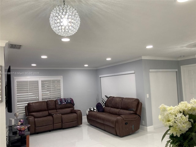 3364 NW 47th Ave Unit 3266, Coconut Creek, FL 33063 - living area featuring recessed lighting, a chandelier, ornamental molding, and light tile patterned flooring