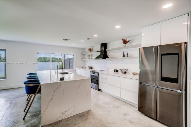 17805 NW 21st St, Pembroke Pines, FL 33029 - kitchen featuring stainless steel appliances, open shelves, a sink, wall chimney range hood, and modern cabinets