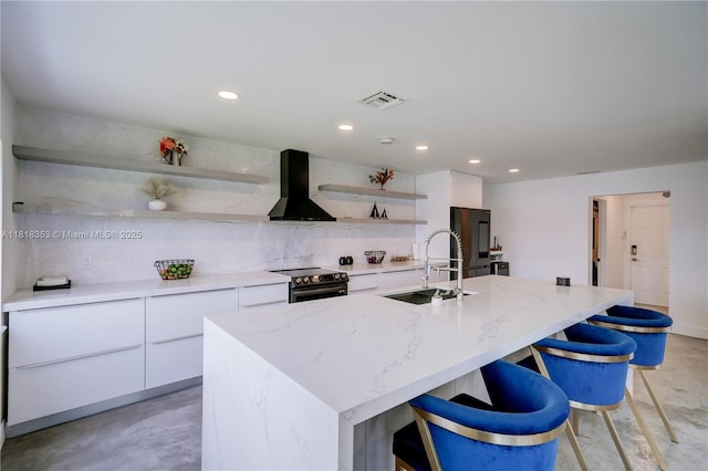 17805 NW 21st St, Pembroke Pines, FL 33029 - kitchen featuring open shelves, modern cabinets, wall chimney exhaust hood, a sink, and black / electric stove