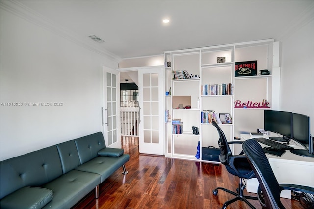 17805 NW 21st St, Pembroke Pines, FL 33029 - office with french doors, ornamental molding, wood finished floors, and recessed lighting