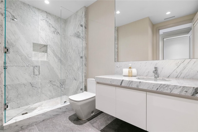 17901 Collins Ave Unit 1903, Sunny Isles Beach, FL 33160 - bathroom with toilet, vanity, a marble finish shower, and recessed lighting