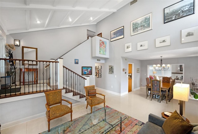 11537 SW 34th Ln, Miami, FL 33165 - tiled living room featuring a chandelier, stairway, baseboards, beam ceiling, and recessed lighting
