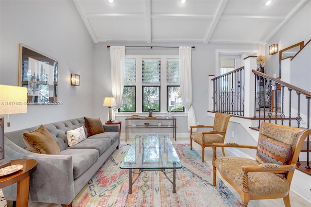 11537 SW 34th Ln, Miami, FL 33165 - living area featuring stairs, beamed ceiling, coffered ceiling, baseboards, and recessed lighting