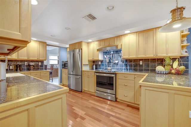11537 SW 34th Ln, Miami, FL 33165 - kitchen featuring appliances with stainless steel finishes, under cabinet range hood, light wood-style floors, light brown cabinetry, and recessed lighting