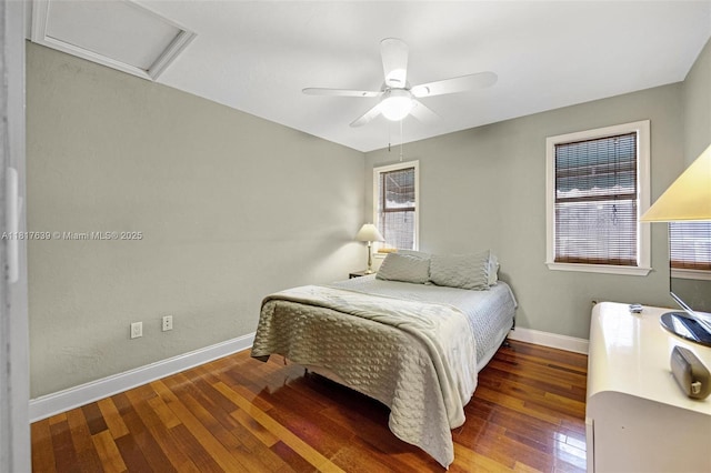 11537 SW 34th Ln, Miami, FL 33165 - bedroom with baseboards, attic access, hardwood / wood-style floors, and ceiling fan