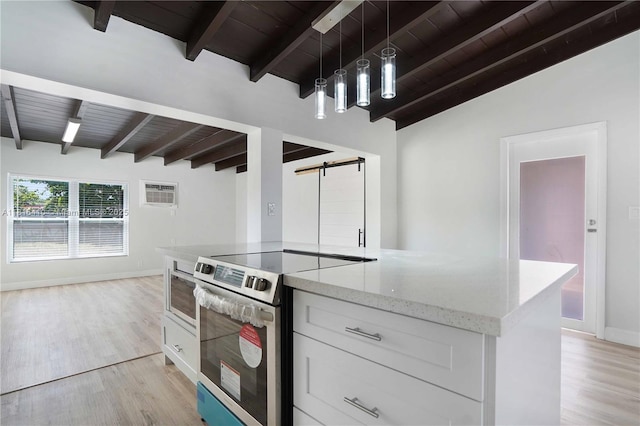 1025 SW 22nd Ter, Fort Lauderdale, FL 33312 - kitchen featuring stainless steel electric stove, a barn door, a wooden ceiling with exposed beams, light wood finished floors, and an AC wall unit